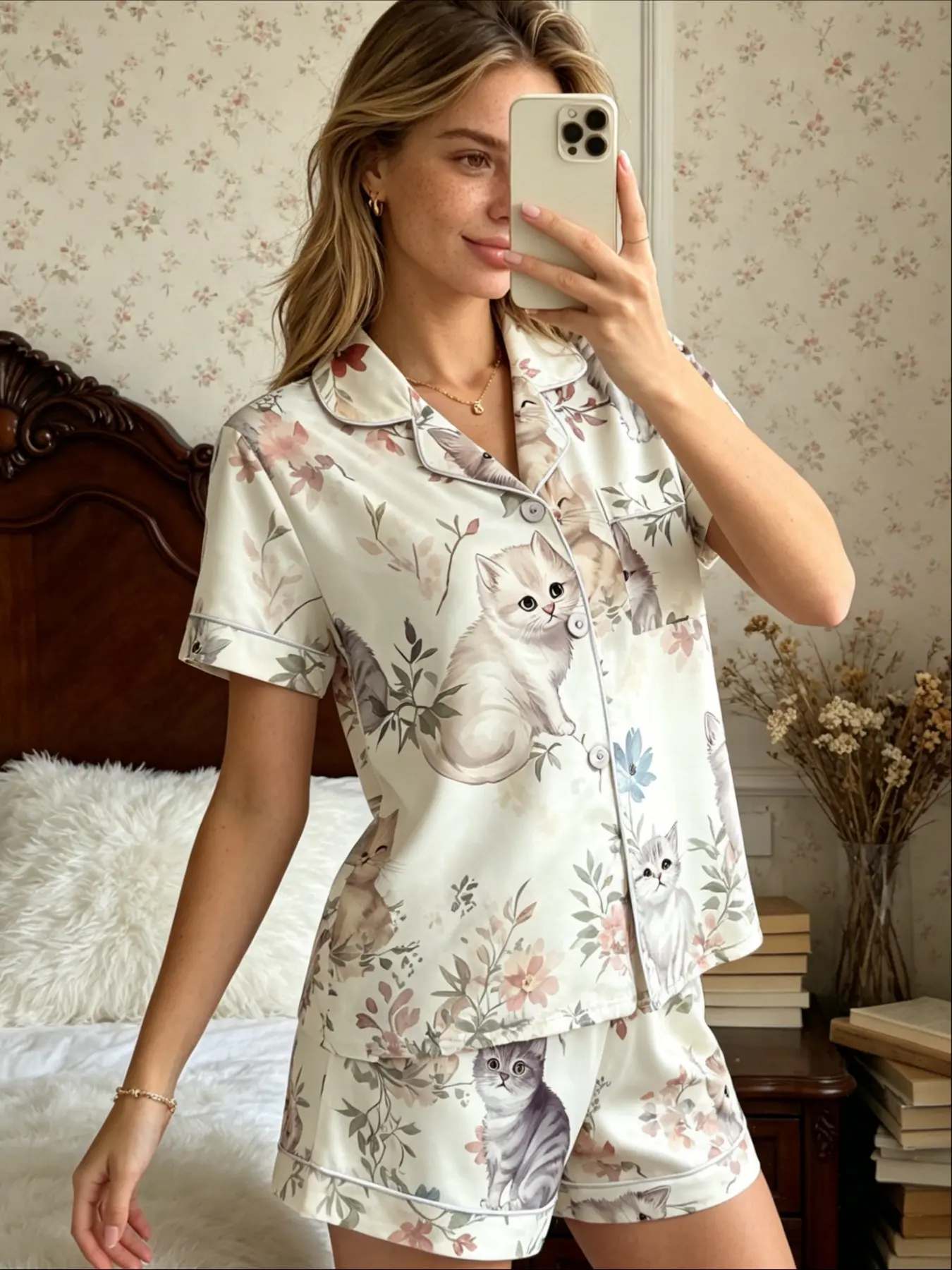 Women's Sleepwear & Loungewear 2 Piece Set Cute Floral Kitten Print Summer Short Sleeve Button Down Soft Breathable Casual Pajama Shorts