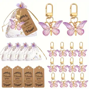 36pcs Party Favor Keychain Set – Purple Butterfly Design, Includes 12 Keychains, 12 Cards, 12 Yarn Bags, Ideal for Birthday, Wedding, Gender Reveal