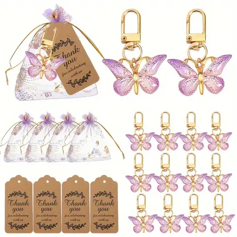 36pcs Purple Metal Mini Keychain Multipack Party Favor Set - Cute Accessory with 12 Keychains, Cards, 12 Yarn Bags Incl for Birthday Wedding Mini Gifts