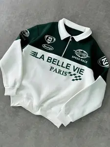 1 Piece Unisex Long-Sleeve Polo Shirt, Vintage Paris Streetwear with Zip Collar and “SPEED RACE 23” Graphic Print, for Urban Fashion and Casual Daily Wear