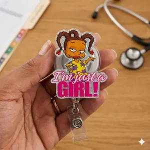 Acrylic Badge Reel – Just A Girl Healthcare ID Holder With Sparkling Design, Durable Clip, Stylish Accessory For Nurses, Medical Staff, And Healthcare Professionals