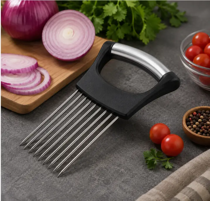 Stainless Steel Onion Holder for Slicing, Vegetable Cutting Guide for Onions, Tomatoes, Potatoes, Eggs & Fruits