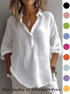 Elegant Women's Solid Color Shirt, Casual Long Sleeve Button Front Top, Daily Wear Summer Spring Fashion, Regular Fit