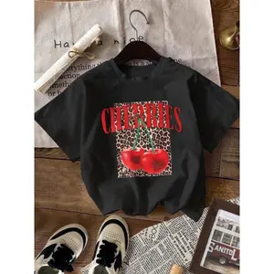 Women's Cherries & Leopard Print Round Neck Tee, Casual Short Sleeve Crew Neck T-shirt for Daily Wear, Ladies Clothes for Summer, Womenswear