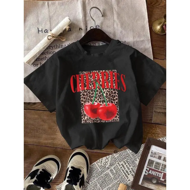 Women's Printed Cherries & Leopard Short-Sleeve Cotton Top, Casual Round Crew Neck T-Shirt for Summer Daily Wear, Unisex Womenswear Option
