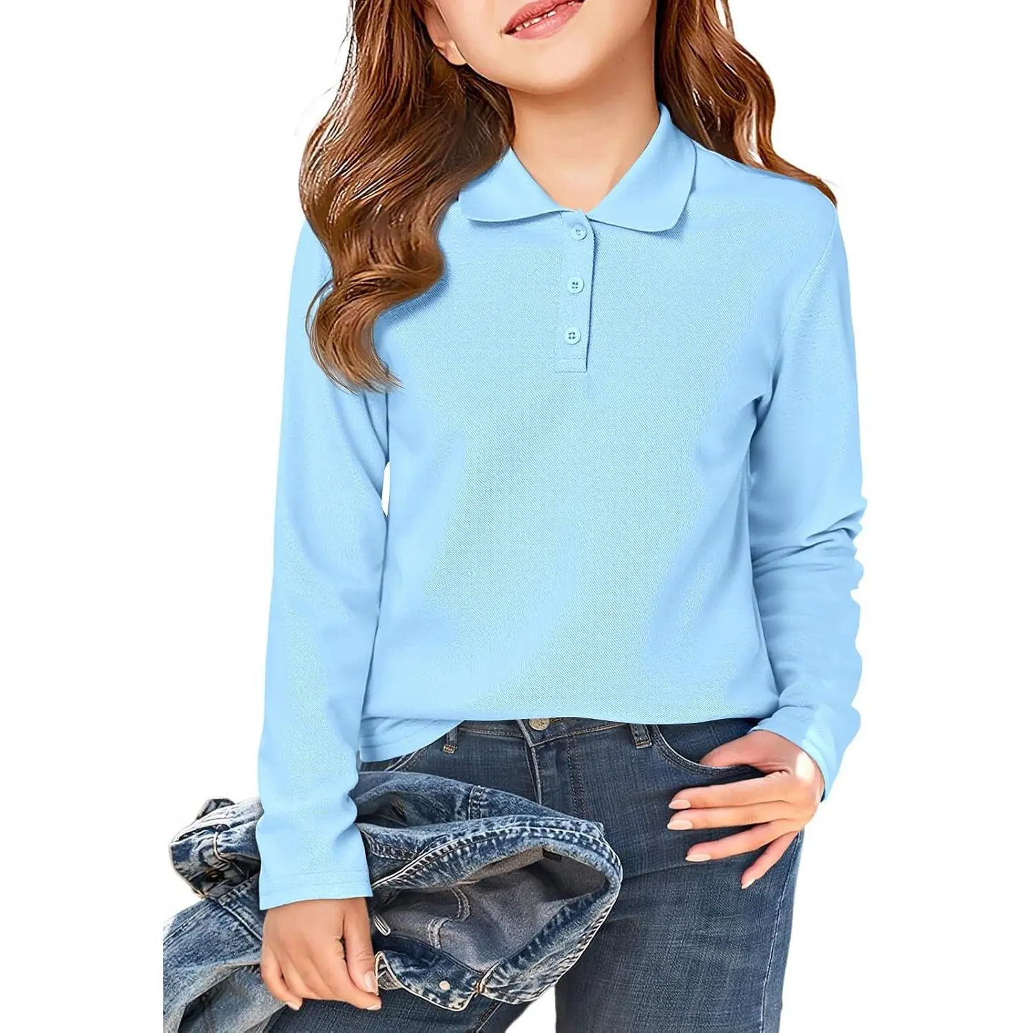 Haloumoning Girls' Long Sleeve Pique Knit Classic Polo Shirt, School Wear for Kids (Girls' Size 5-14 Years), Golf Sports Top