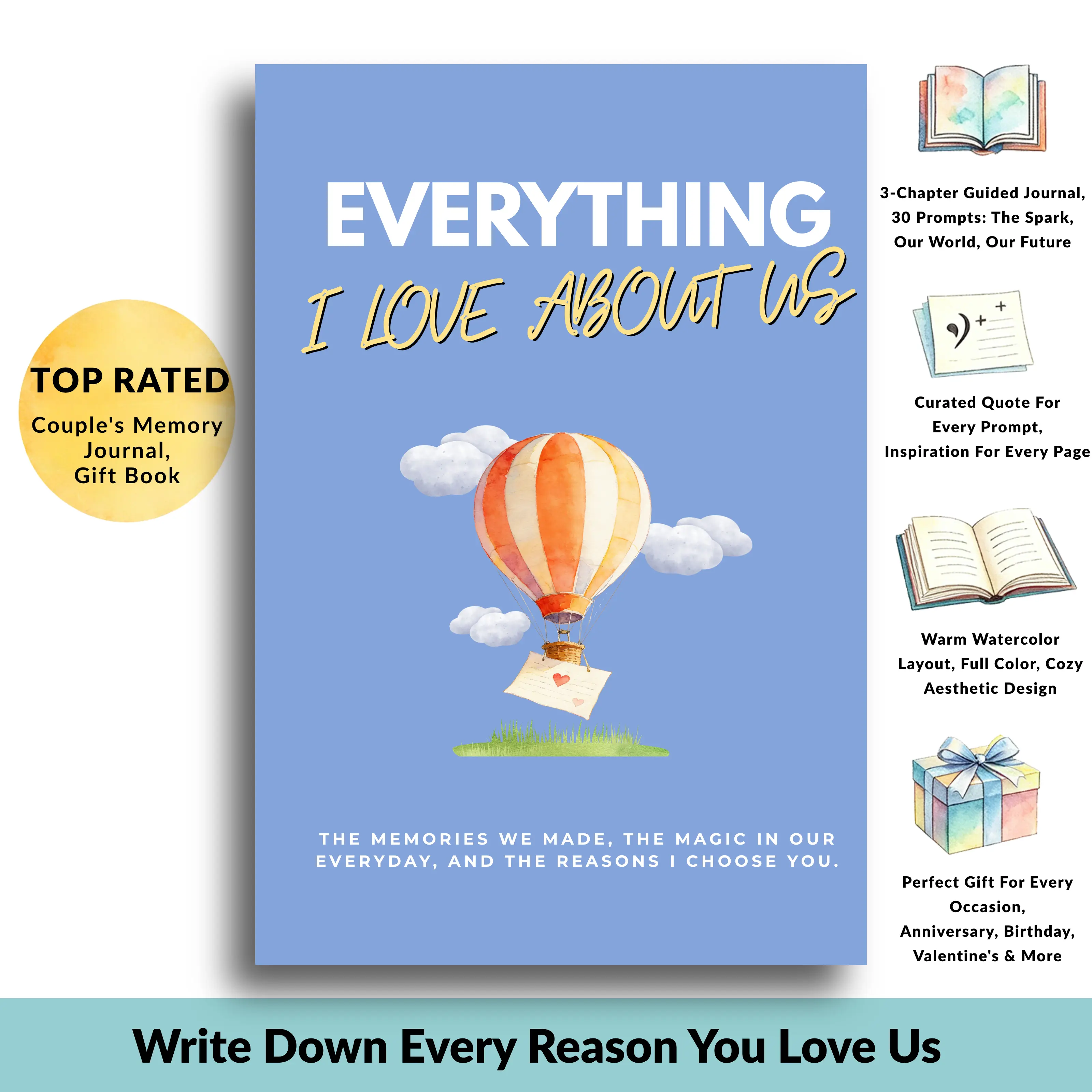 Personalized Couples Guided Journal - "Everything I Love About Us" Fill-in Notebook, 6 x 9 Inches Classic Coffee Table Office Stationery, 30 Prompts Muted Pastel Backgrounds, Meaningful Anniversary Gift for Partners, Guided Journals, Any Nightstand