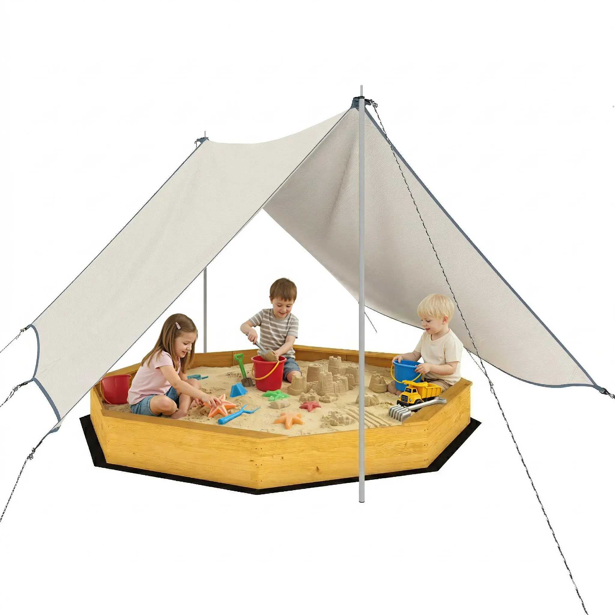 Qaba Large Octagon Sandbox 84" x 84" x 9" with Canopy, Outdoor Wooden Sand Box with 4 Bench Seats and Bottom Liner, Sand Pit for Backyard Garden, Gift for Kids Ages 3-8, Yellow
