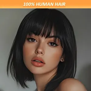 New 2026 FashionElegant Brazilian Remy Human Hair Wig with Bangs - 150% Density Straight Bob, Machine-Made Rose Net Cap for Women, Natural Look for Everyday Styling, Short Hair Wig,  Accessory, Sleek Hairpiece