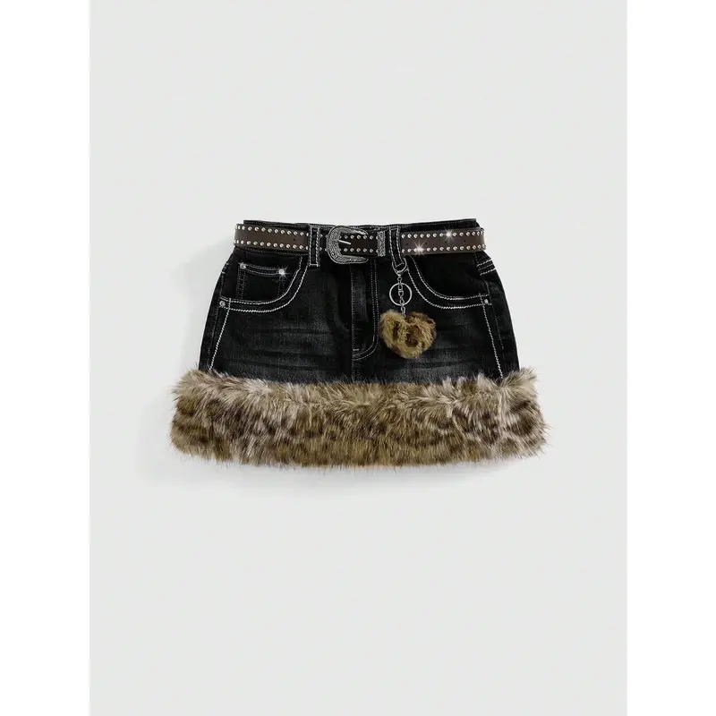 Y2K Gyaru Retro Leopard Print Fluffy Hem Women's Mini Low-Waisted Skirt With Belt Accessory, Cosplay, Fashion
