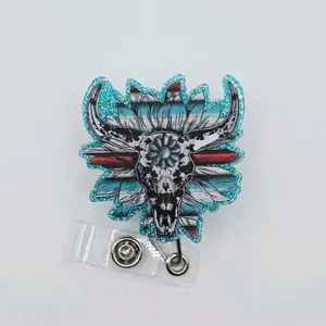 Western Bull Skull Turquiose Glitter Acrylic Retractable Badge ID Reel Belt or Alligator Clip Cute