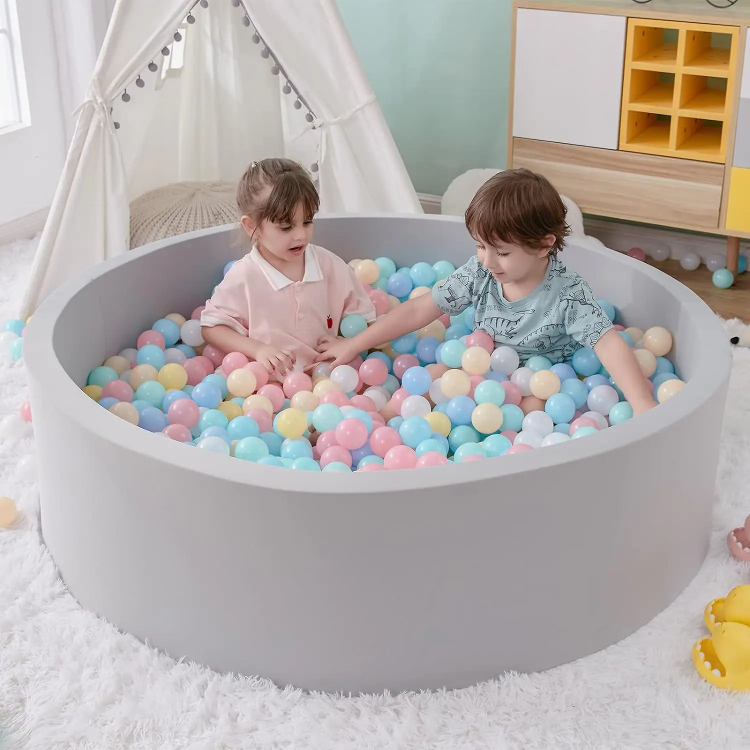 Foam Ball Pit, 35.4"x 11.8" Ball Pits for Toddlers, Soft Round Kiddie Baby Playpen Ball Pool for Kids, Ideal Gift for Babies Indoor and Outdoor Game Christmas Birthday gifts, Gray, (100Pcs Balls Included)