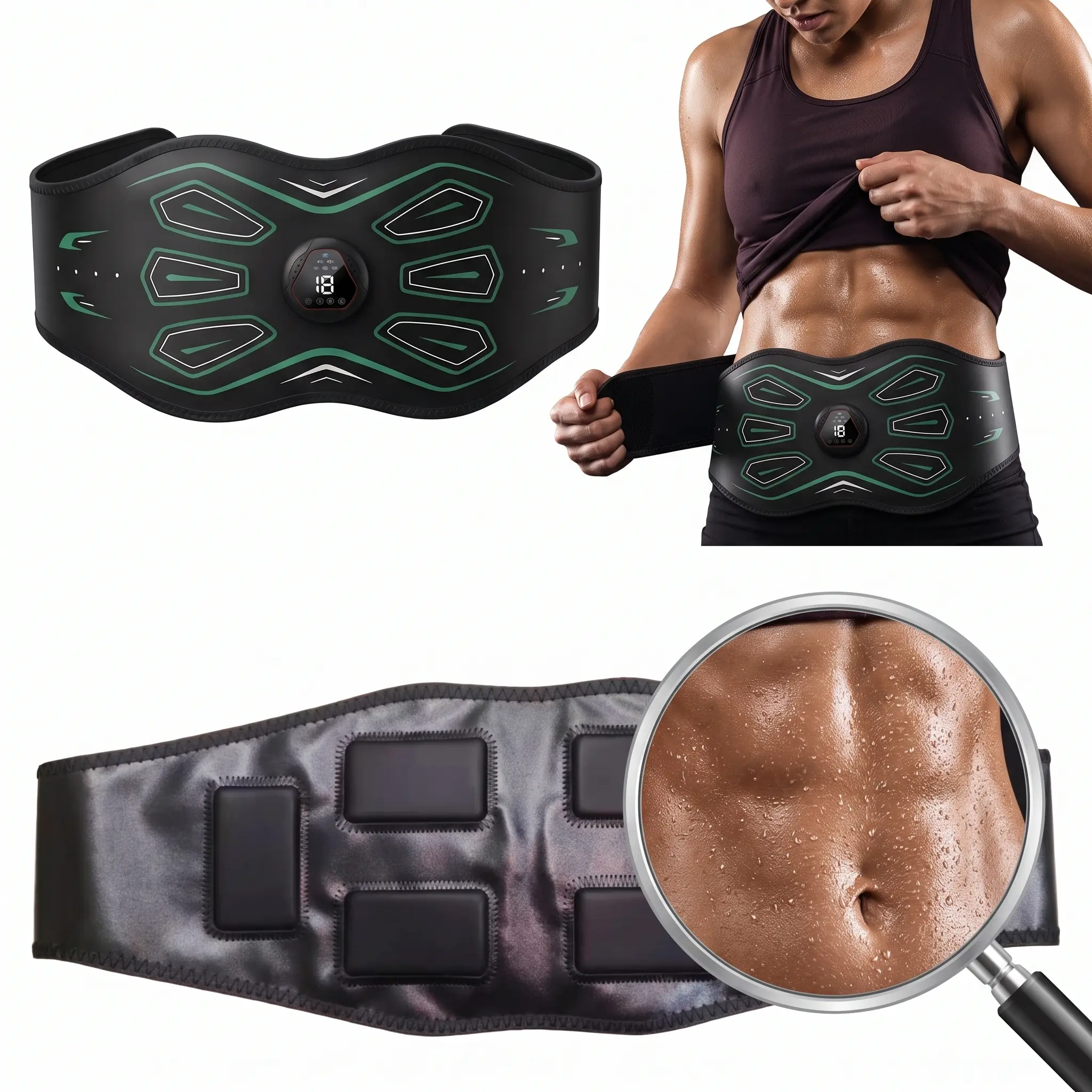 Rechargeable EMS ab Toning belt. Stimulate your core muscles while sweating under the belt! Large electrode pads, 6 training modes and 18 intensity levels bring real workout sweat，simple control, perfect fitness accessory and gift for men and women