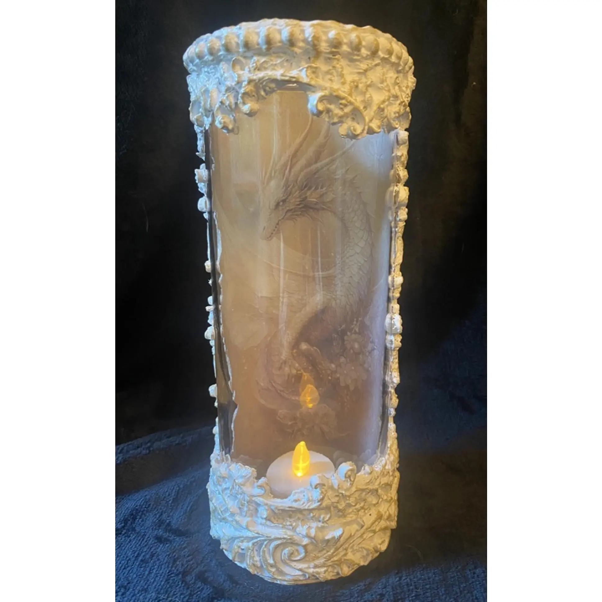 Handcrafted Glass White Dragon Lantern 9 Inches Tall with LED Light Candle Decorative Home Accent
