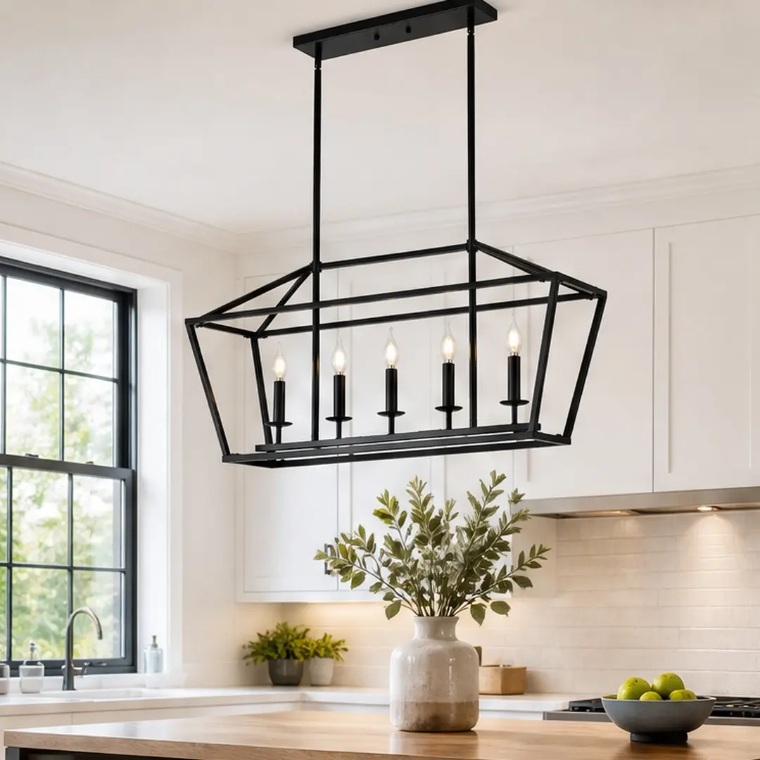 ARCH 5-Light Farmhouse Industrial Linear Chandelier Pendant Light Fixture, Matte Black Metal, Adjustable Height, for Kitchen Island Dining Room Living Room Bedroom Hallway Conference Room, E12 Base, 1000lm-5000lm, Hardwired, 38.6" Length
