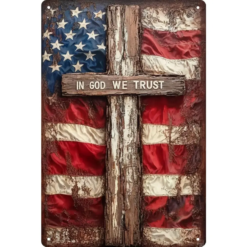 Retro Vintage In God We Trust Patriotic American Flag & Cross Metal Wall Sign, 8x12 in Christian Farmhouse Home Decor, Inspirational Faith Gift for Church Decoration