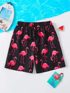 Flamingo Print Beach Shorts, Summer Vacation Casual Five-Quarter Pants, Unisex Swimwear Matching, Loose-Fitting Drawstring Waist