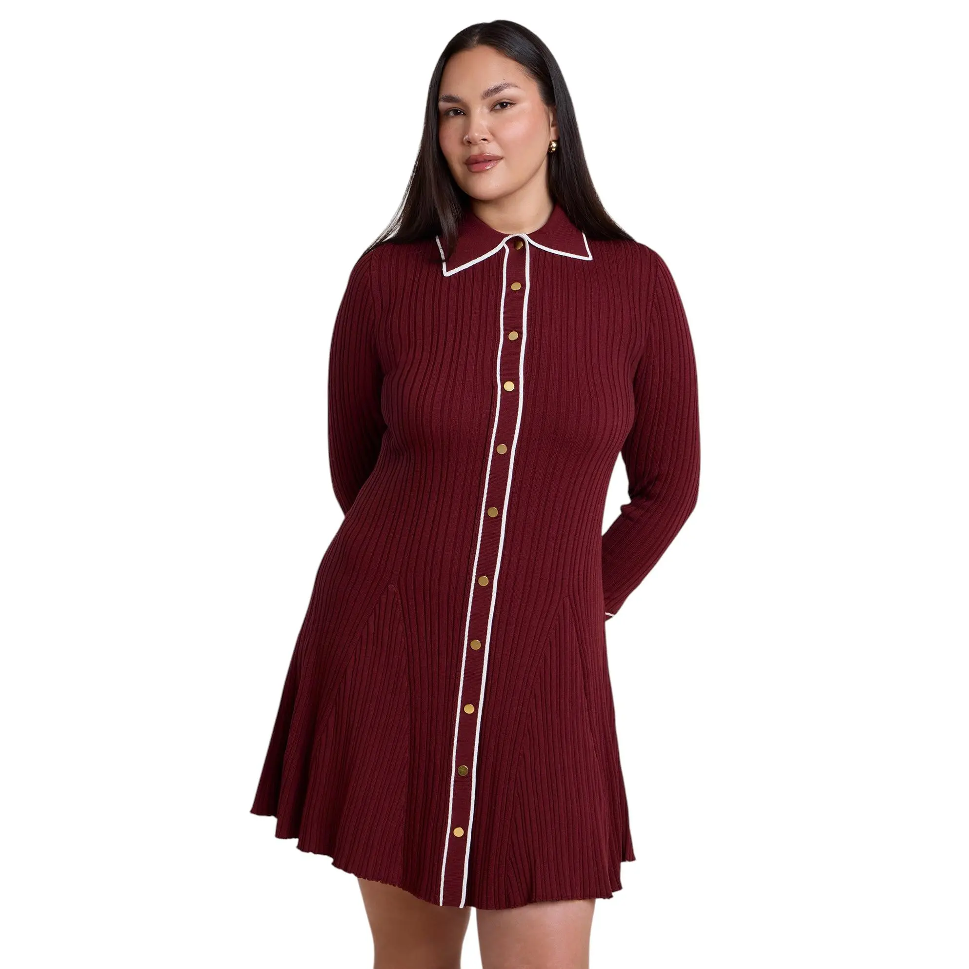 ELOQUII Women's Plus Size Tipping Detail Collared Sweater Mini Dress