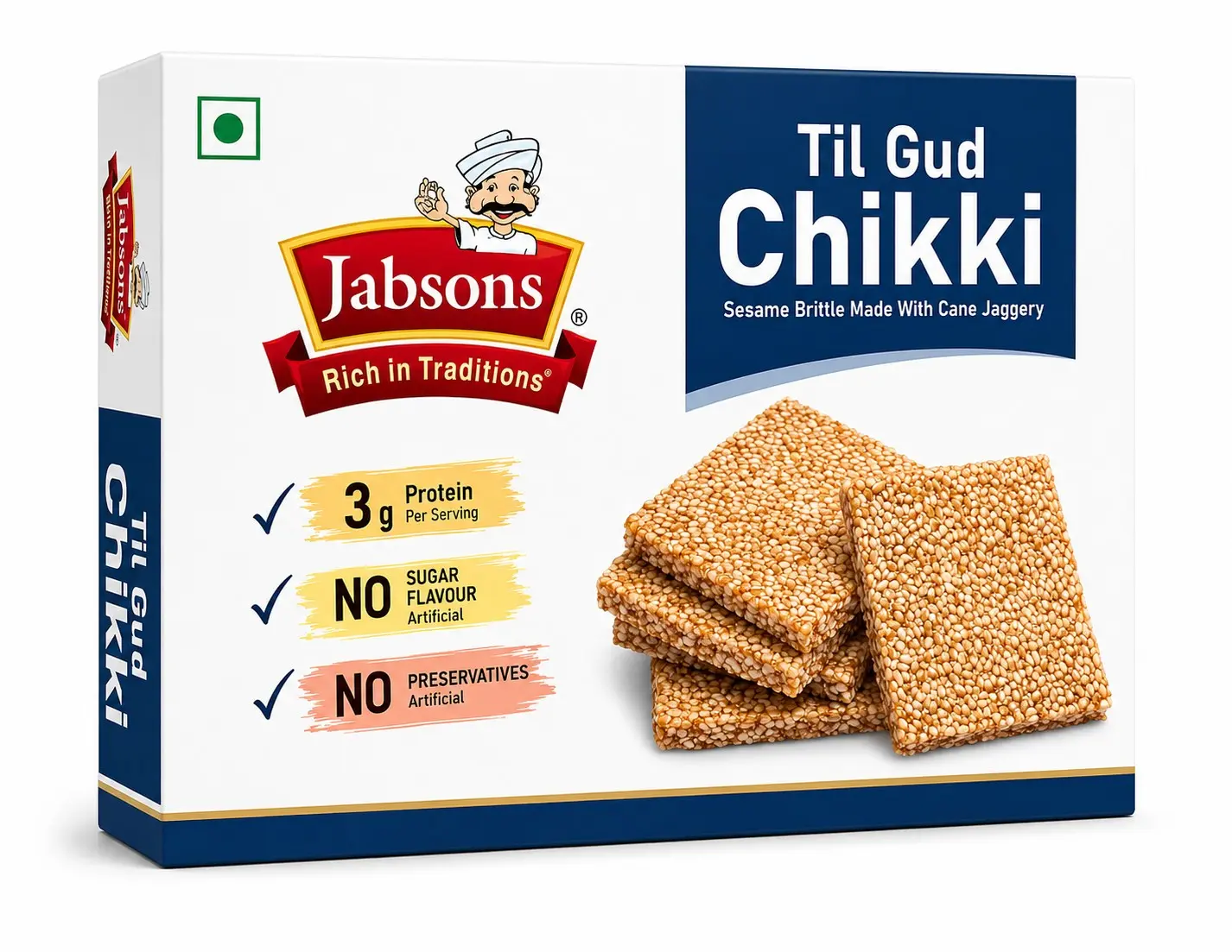 Jabsons Til Gud Chikki 400g – Sesame Brittle Made with Cane Jaggery | 3g Protein Per Serving | No Artificial Sugar Flavor or Preservatives | Traditional Indian Sweet