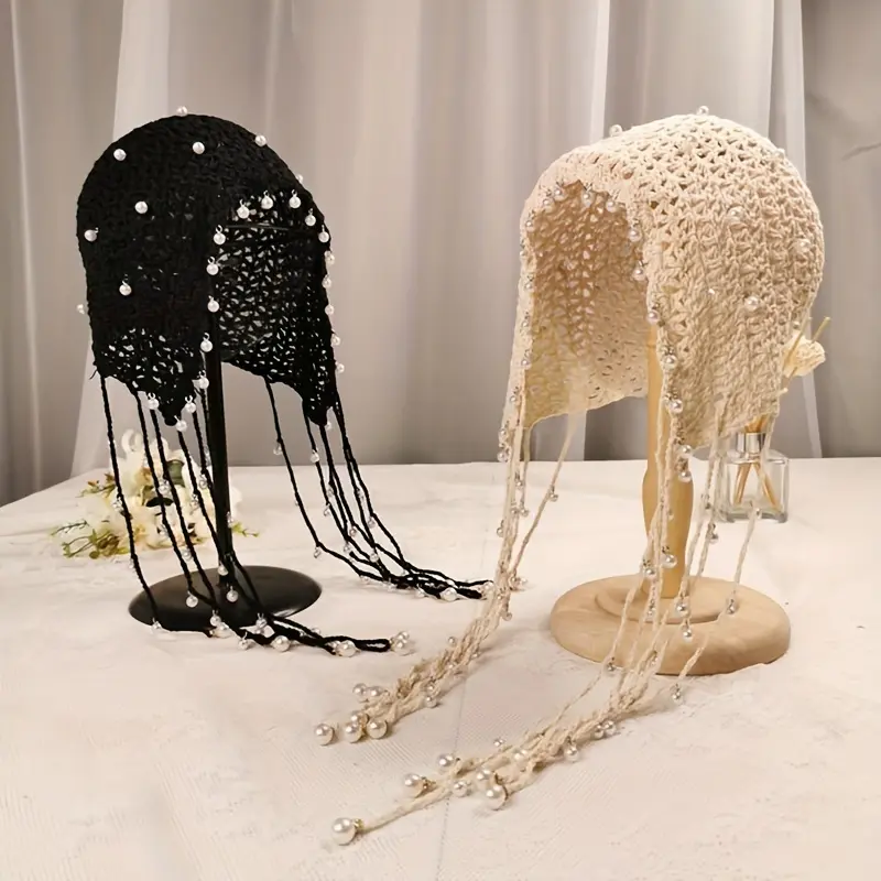 Women's 1pc Handmade Knit Boho Beanie Hat - Imitation Tassels, Crochet Detailing, Lightweight Hollow Out Inelasticity Fitted Design, Elegant Vintage Casual Accessory, Hat Accessories, Ethereal Openwork Headwear, Fashion