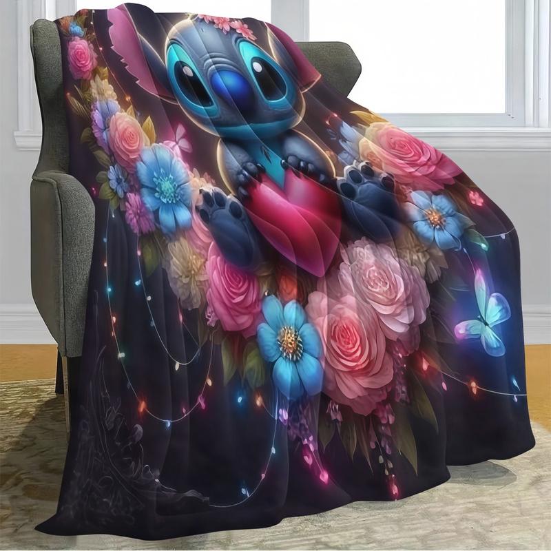 Dreamy Neon Stitch Heart Bouquet Flannel Blanket, Dark Base, Neon Light Effect, Blue Rose Hearts, Butterfly Decor, Holiday Gift