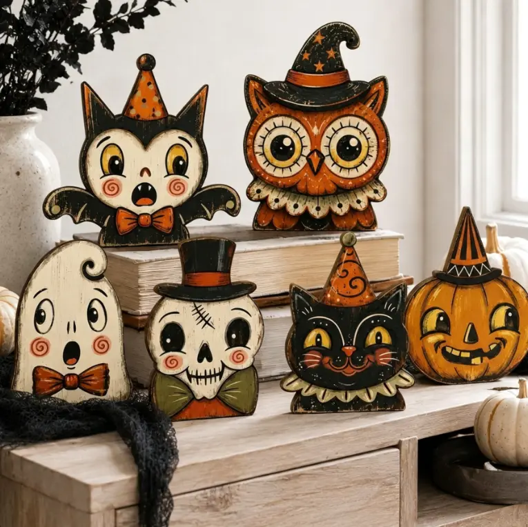 6PCS Halloween Wooden Shelf Sitter Set – Cute Ghost, Pumpkin & Black Cat Table Decor | Rustic Farmhouse Halloween Tiered Tray Decorations | Fall Home & Office Party Display