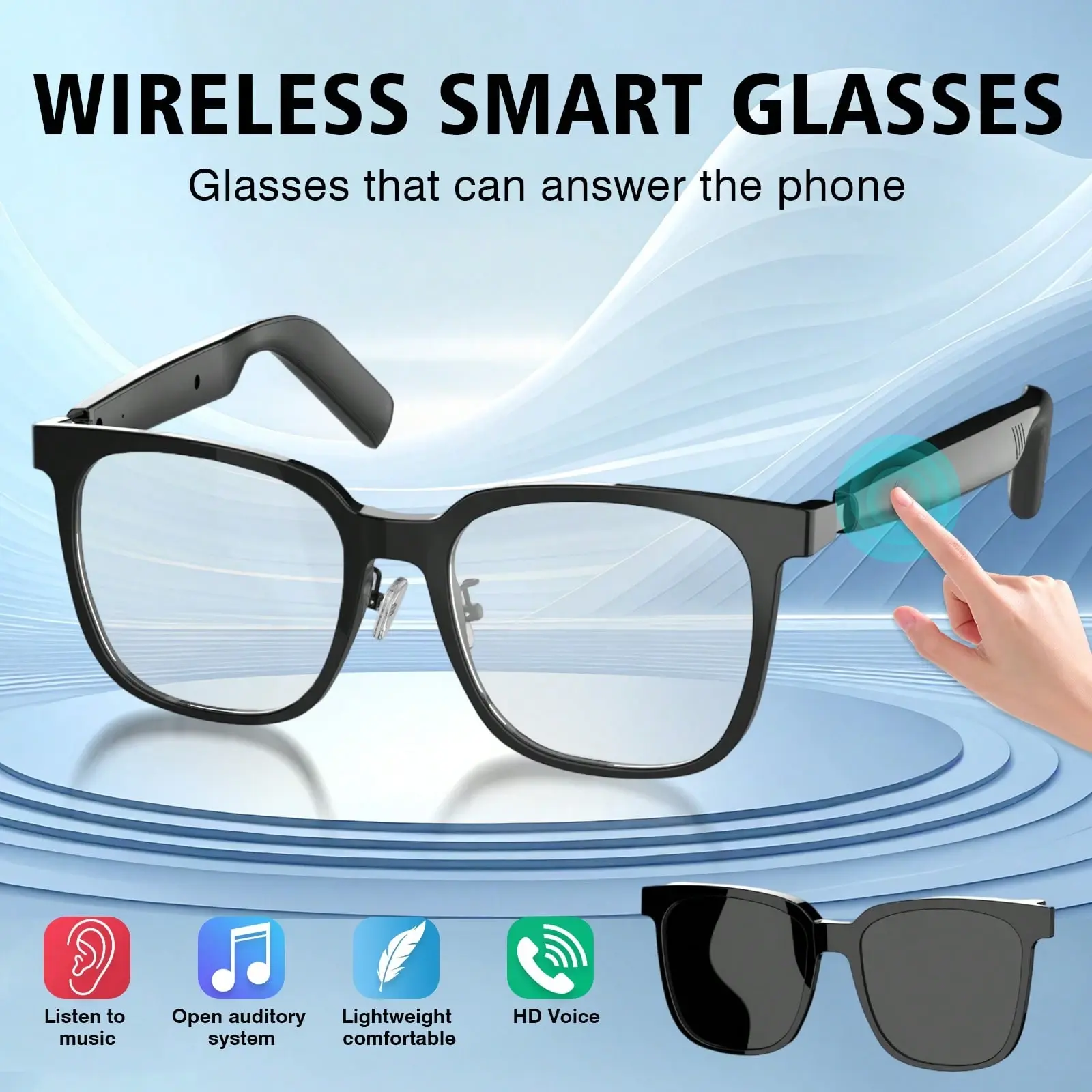 Smart Audio Glasses with Built-in Microphone, Wireless Music and Hands-Free Voice Calls, Open-Ear Eyewear with 1 Replaceable Lenses, Rechargeable Glasses for Driving, Cycling, Running, Travel and Outdoor Sports