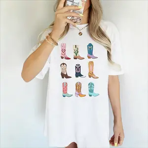 Women's Oversized Cowboy Boots Graphic T-Shirt Short Sleeve Tee Colorful Western Boot Print Casual Streetwear Tops for Country Fashion Fans