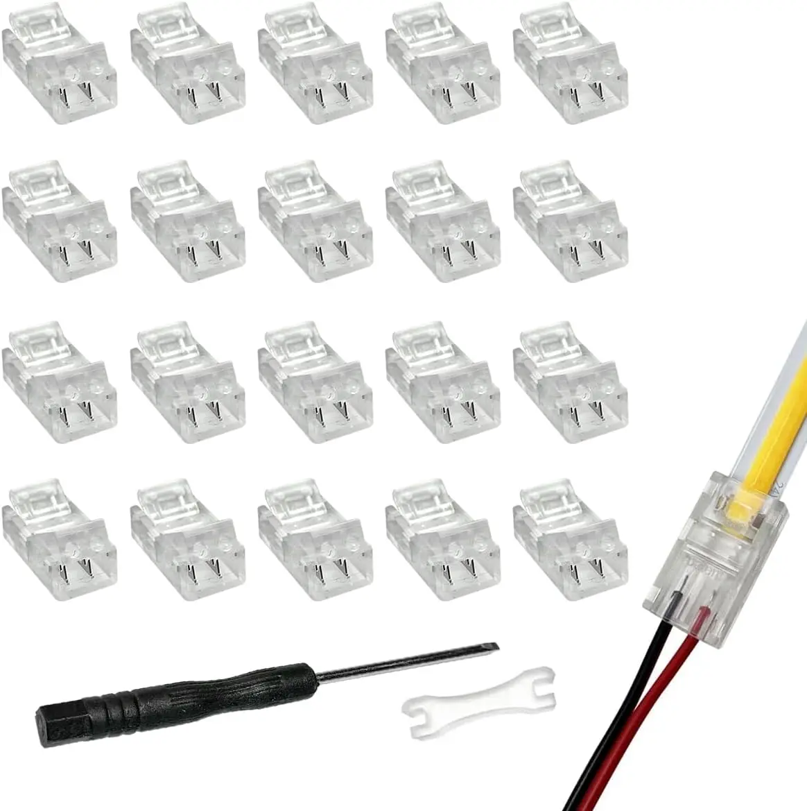 8mm Cob Led Strip Light Connectors 2 Pin,Led Strip to Wire Transparent Clips Solderless Adapter Terminal Extension Connection for White/Warm Led Tape 12V 24V (Total 20pcs)