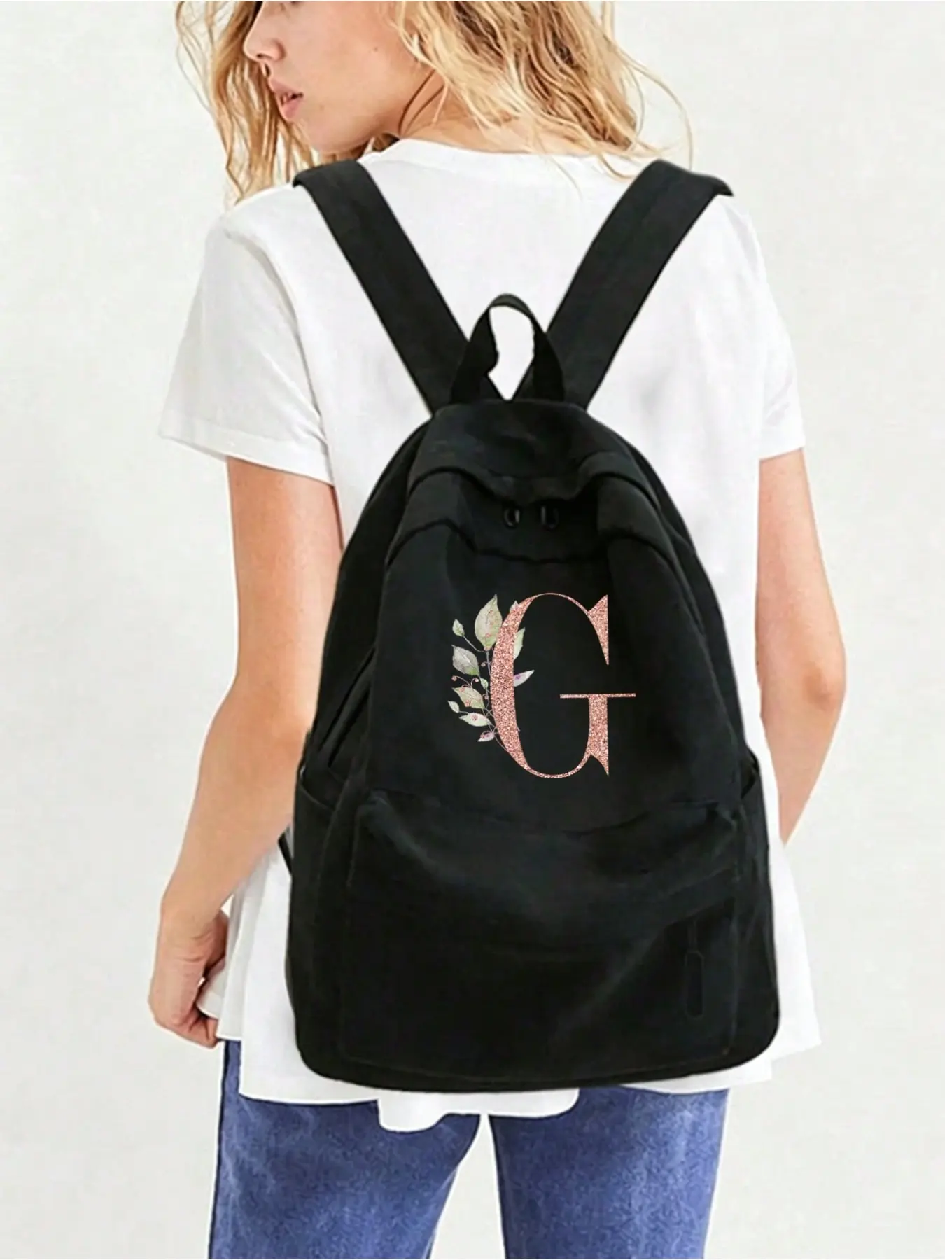 Large-capacity canvas backpack with rose gold letter pattern, customizable with initials (A-Z), unisex, outdoor school bag, laptop storage bag, suitable for hiking, camping, and other outdoor activities