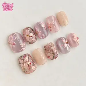 Blossom Glow Handmade Press-On Nails | Short Square Shape, 10pcs | Elegant Floral Design | Pink Purple Gradient Base & Gold Foil Texture & 3D Flower & Pearl Rhinestone & High Gloss Accents | Reusable DIY Nail Kit for Women | Trendy Nails for Spring, Summe