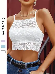 Women's Floral Lace Crop Tube Top, Casual Sleeveless Double Straps Crop Top for Summer, Fashion Women's Top for Daily Wear