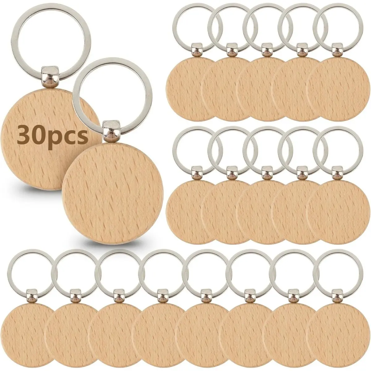 30-Pcs Multipack Smooth Wood & Metal Customizable Keychains - Round Shape, Blank Surface, Stainless Ring, Sewing Haberdashery Accessory for DIY Crafts, Home & Offices