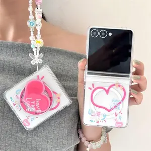 Korean Cute Graffiti Heart Magnetic Stand Phone Case For Samsung Galaxy Z Flip 7 6 5 4 3 Flip6 Flip7 Flip5 Cover with Chain Capa