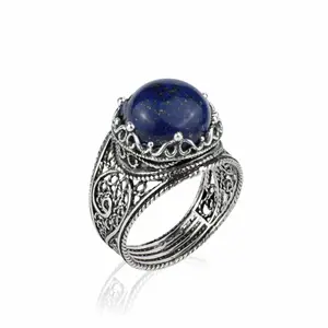 Filigree Art Lapis Lazuli Gemstone Crown Design Women Silver Cocktail Ring