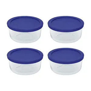 Pyrex 7201 4 Cup Glass Bowls & 7201-PC Cadet Blue Food Storage Replacement Lids (4-Pack) - Made in USA