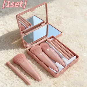 1 set Fashion Makeup Brush Set with Mirror, Portable Powder Box, 5 Soft Bristle Brushes, Ideal for Blush, Eyeshadow, Foundation