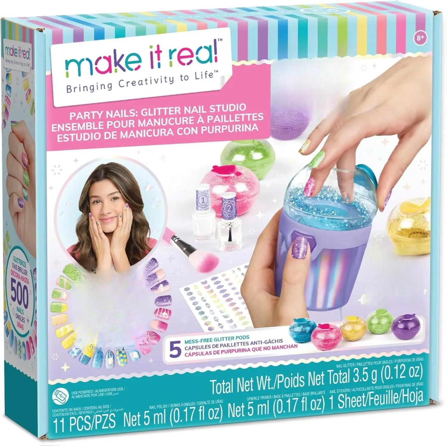 Make It Real: Party Nails Glitter Nail Studio - DIY Nail Kit with 5 Glitter Pods, Sparkle Primer, Brush & Nail Sticker Sheet for Tweens Ages 8+ - Set