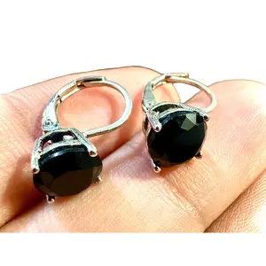 6mm Round Cut Black CZ Silver Plated Leverback Earrings