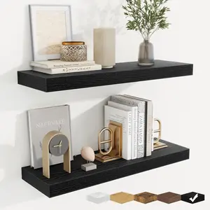 Floating Shelves for Wall, Wall Mounted Wood Floating Shelf with Invisible Brackets for Living Room,, Bedroom, and, 24 Inch Set of 2, Black