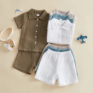 Canrulo Baby Boys Clothes Set Toddler Infant Boys Button-down Shirt Tops + Cotton Gauze Shorts Summer Outfit 2PCS with Pockets