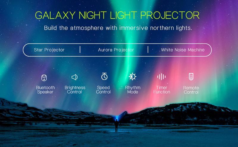 Galaxy Aurora Projector Light | APP-Controlled Rechargeable Star Nebula Projector, Cordless Design, 33 Effects, Bluetooth Speaker & White Noise