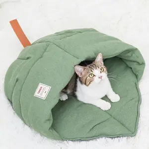 Cat Sleeping Bag,Linen Fabric Cat Bed Cave Leaf Nest Pet Cuddle Zone Covered Hide Hood Burrowing Cozy Soft Durable Washable with Non-Slip Bottom for Indoor Puppy and Kitten (Green) TANGN