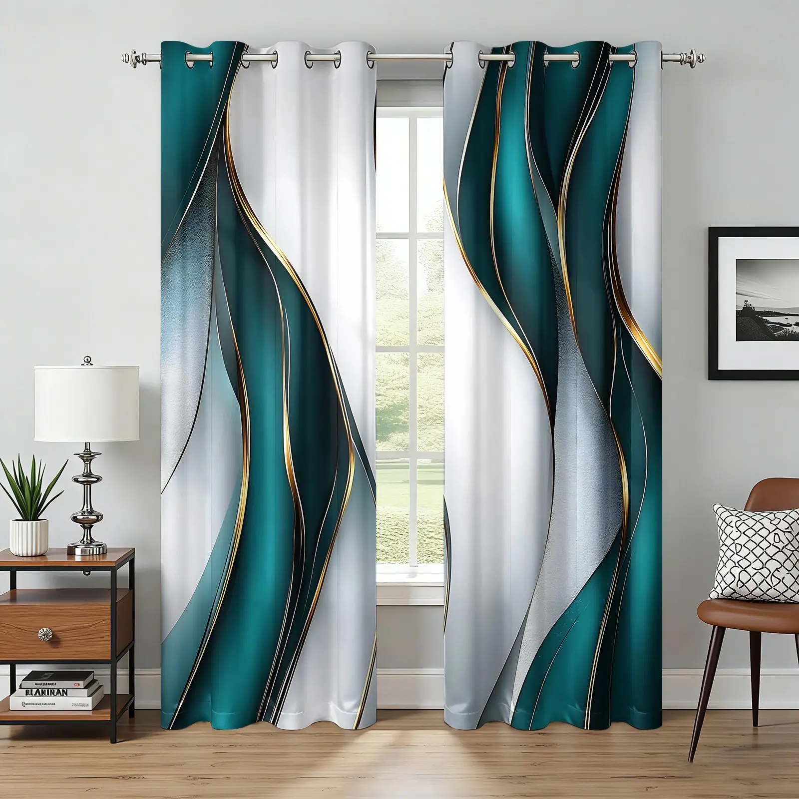 2 Panels Teal Gold Abstract Wave Blackout Curtains, Modern Marble Fluid Art Curtains, Contemporary Luxury, Minimalist Elegant, Shiny Gold Accent Window Treatments with Grommet Top, Blackout Window Cover, For Master Bedroom & Apartment Living Room
