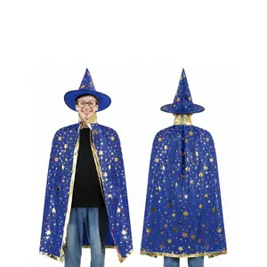 3pcs Teen Wizard Costume Suit - Blue & Golden Starry Witch Cape with Pointed Hat & Eyeglass Frames (No Lenses), Loose-Fit Round Glasses, Suitable for Halloween, School Performances, Masquerade Parties - Year-Round Magical Outfits, for Teenager