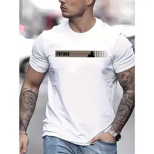 MEN'S casual crew neck T-shirt with "future" print, short sleeve, knit fabric, 95% polyester 5% spandex, slight stretch, regular fit, summer top-Black