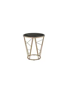 HomeRoots 486365 24 in. Faux Marble Glass & Metal Round End Table, Champagne & Black