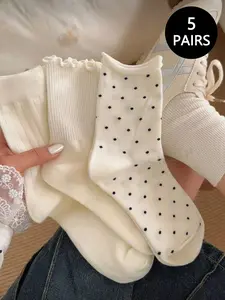 Women's Cute Polka Dot Pattern & Ruched Comfortable Mid-Calf Socks, Random Colors, Perfect for Daily Wear, Spring Summer, Lady, Casual Stylish Socks