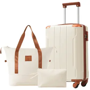 3 Piece 20 Inch Carry On Luggage Set - Lightweight ABS Hardshell Suitcase with Spinner Wheels, White/Brown maleta de mano