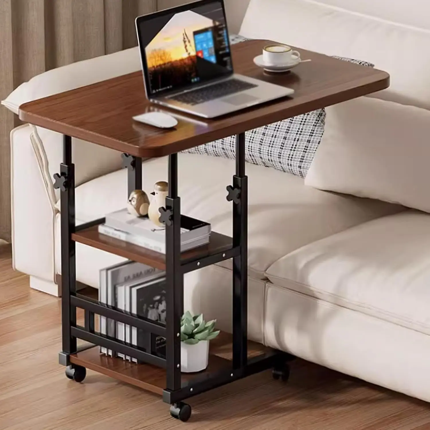 C-Shaped Height Adjustable Rolling Side Table with Double Storage Shelves, Mobile Swivel Casters Laptop End Table, Heavy Duty Steel Frame Sofa Bedside Work Desk for Bedroom Living Room Dorm Office